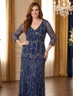 Roaman's Elegant V Neck Beaded Evening Gown Dress 22W